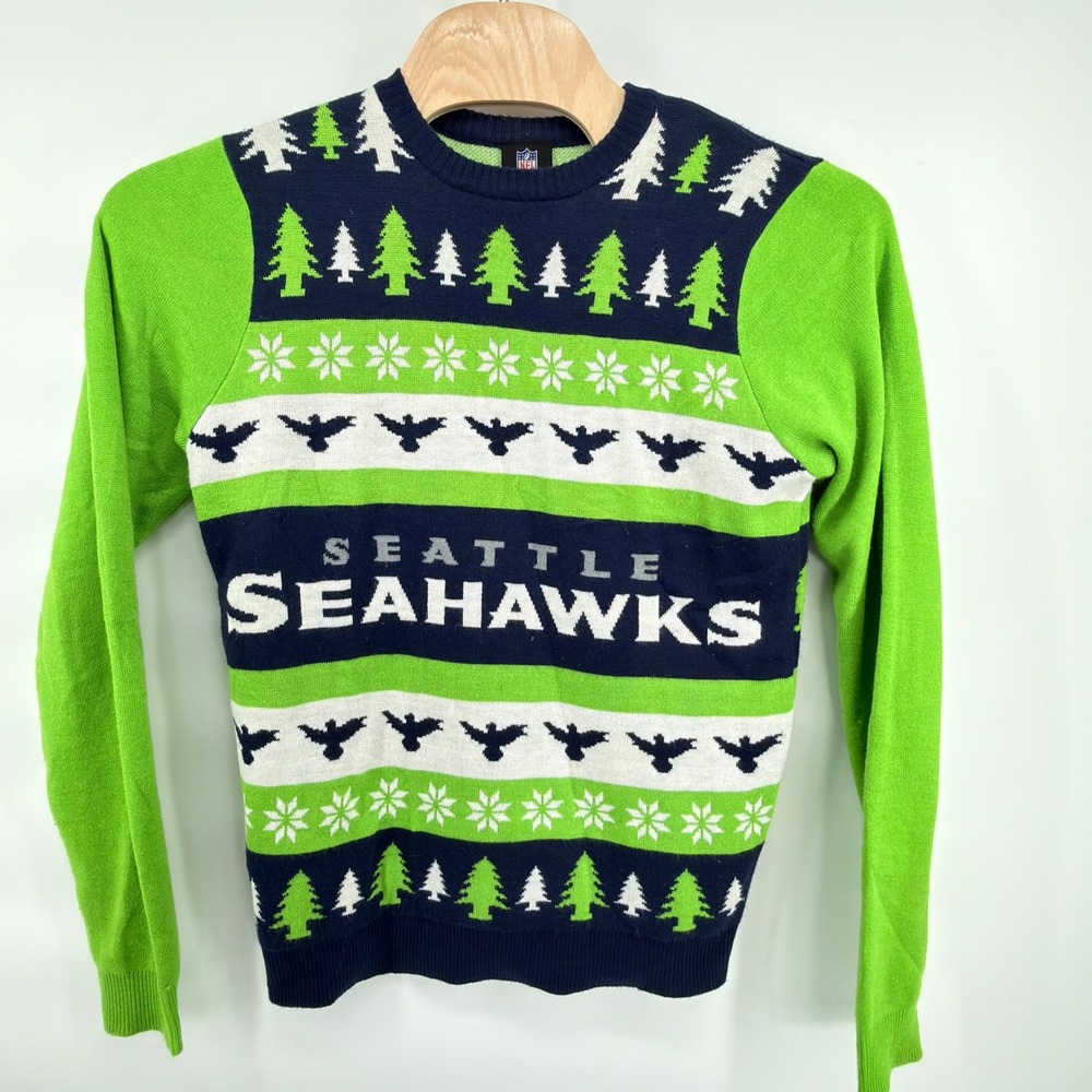 NFL Team Apparel Seattle Seahawks Sweater Mens L Navy Blue Lime Green White